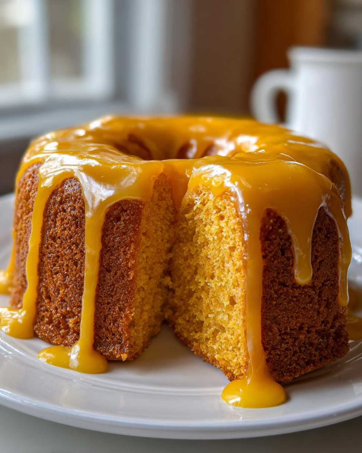 A slice cut from a bundt-style orange juice cake, generously topped with a thick, dripping orange glaze.
