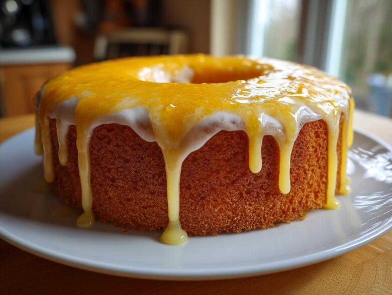 A golden brown orange juice cake with thick white and bright orange glaze dripping down the sides.