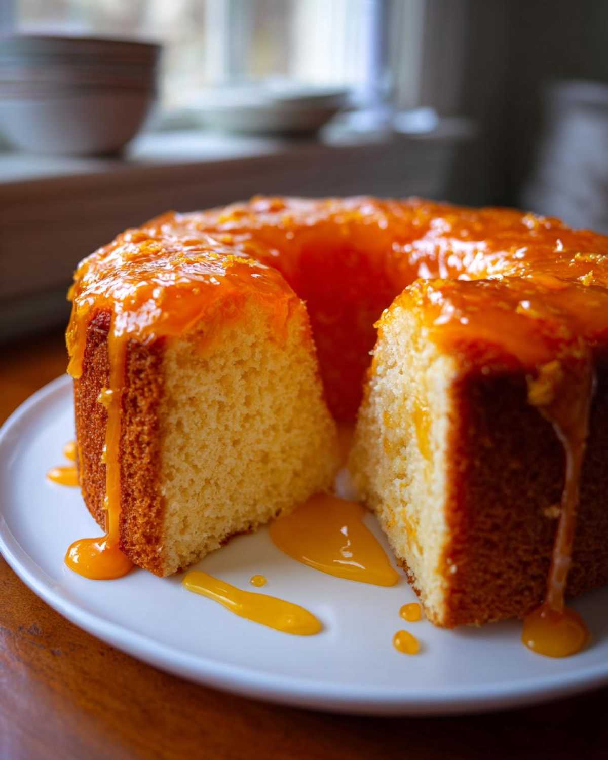 A slice cut from a bundt-style orange juice cake topped with a thick, dripping orange glaze.