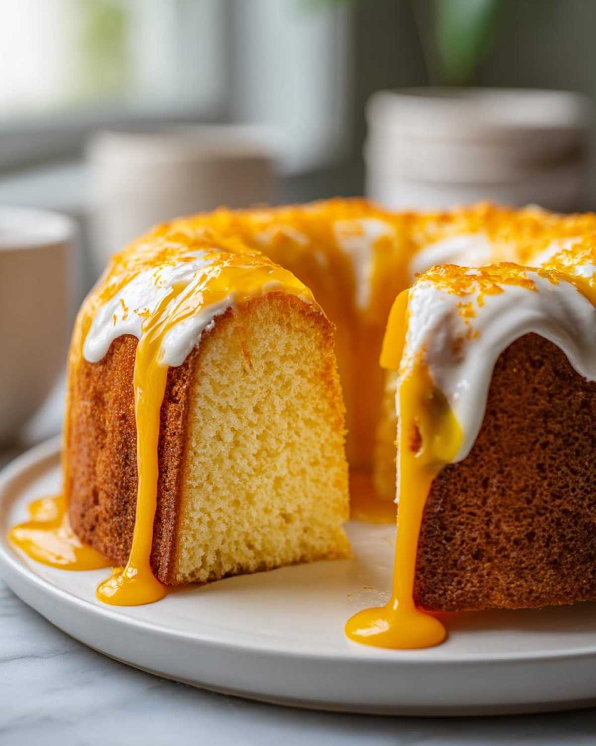 A slice cut from a bundt-style orange juice cake, topped with white icing and dripping orange glaze.