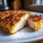 Close-up of a juicy parmesan crusted chicken breast cut in half, showing the white interior and golden-brown crust.