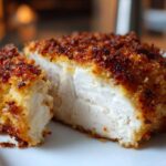 Close-up of a juicy, white chicken breast cut in half showing the golden brown parmesan crusted chicken exterior.