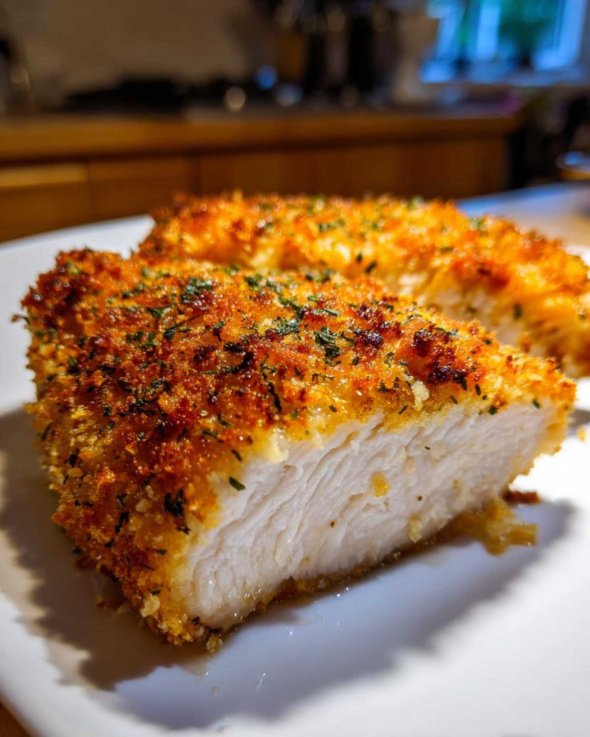 Close-up of juicy, white chicken breast showing the thick, golden parmesan crusted coating.