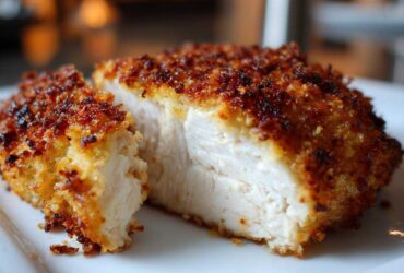 Close-up of a juicy, white chicken breast cut in half showing the golden brown parmesan crusted chicken exterior.
