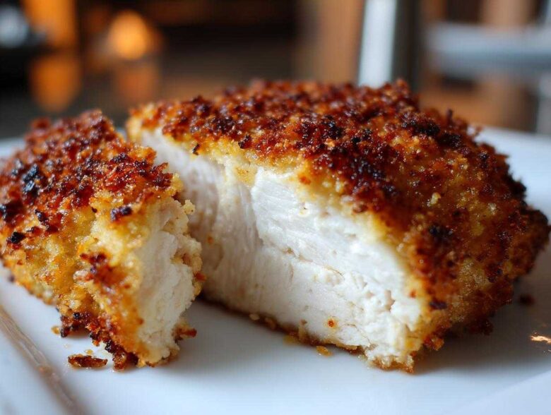 Close-up of a juicy, white chicken breast cut in half showing the golden brown parmesan crusted chicken exterior.