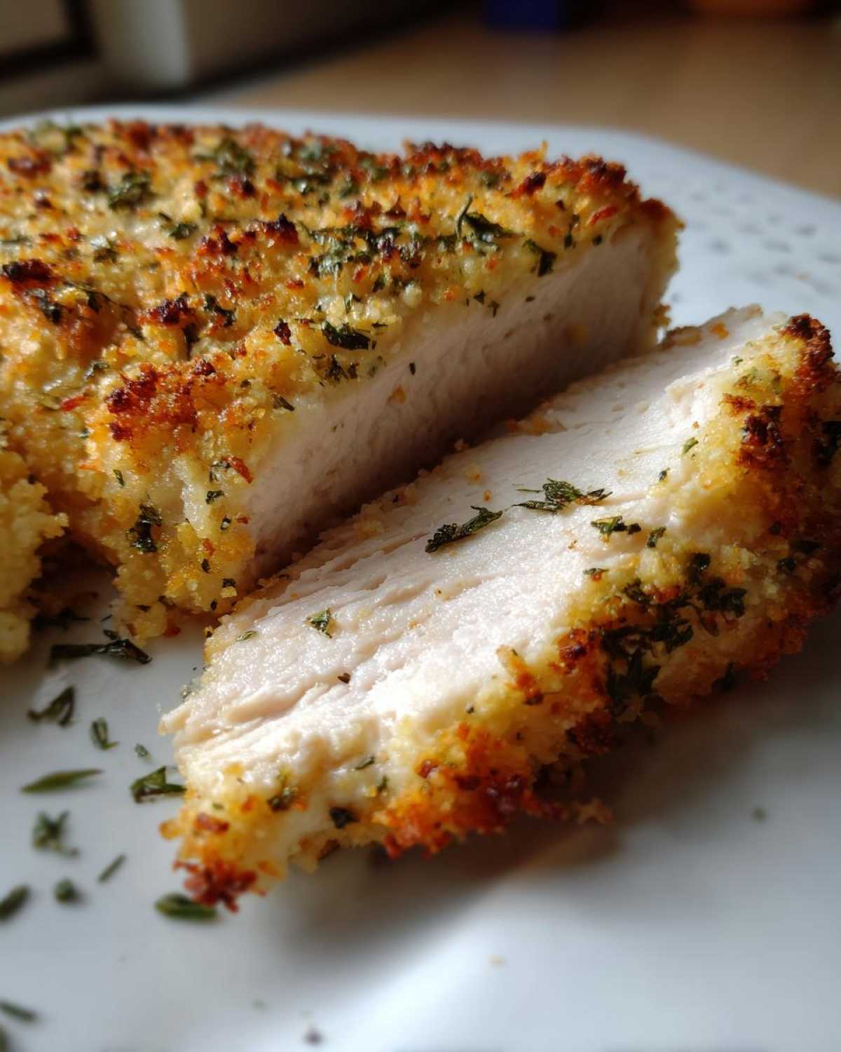 Cross-section of moist parmesan crusted chicken showing the golden, herbed crust and white interior.