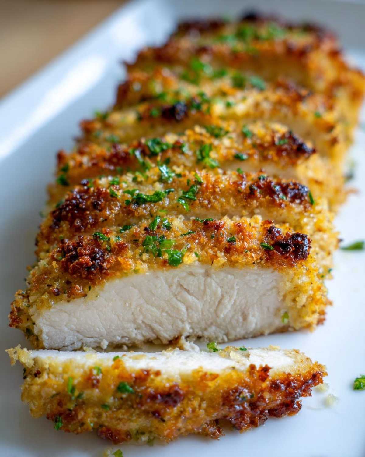 Close-up of sliced parmesan crusted chicken showing juicy white meat and golden brown crust.