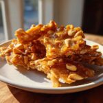 Pieces of golden, glossy peanut brittle recipe stacked on a small white plate, catching the sunlight.