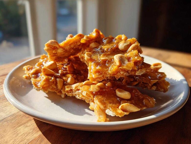 Pieces of golden, glossy peanut brittle recipe stacked on a small white plate, catching the sunlight.
