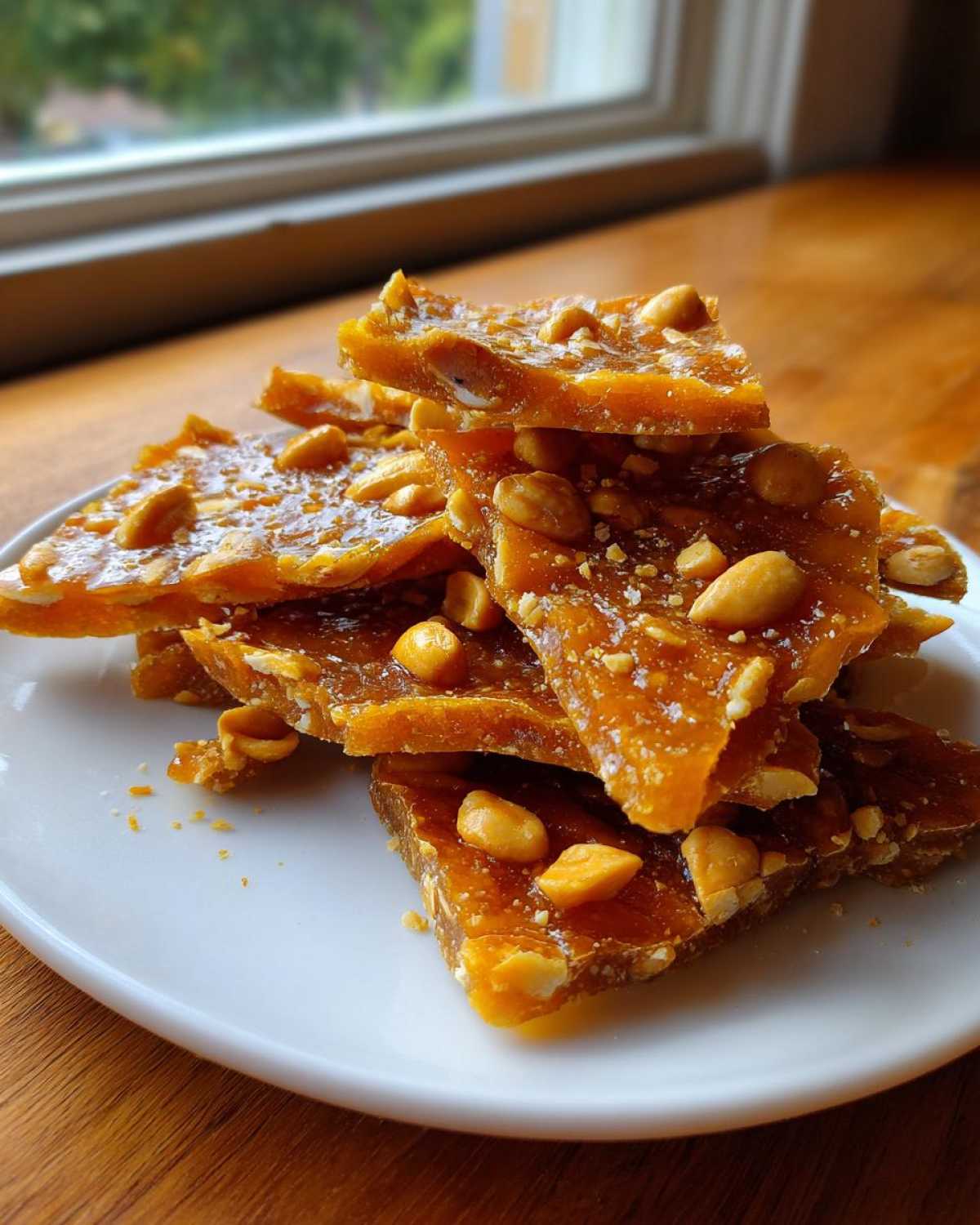 A stack of golden, glassy pieces of homemade peanut brittle recipe scattered on a white plate.