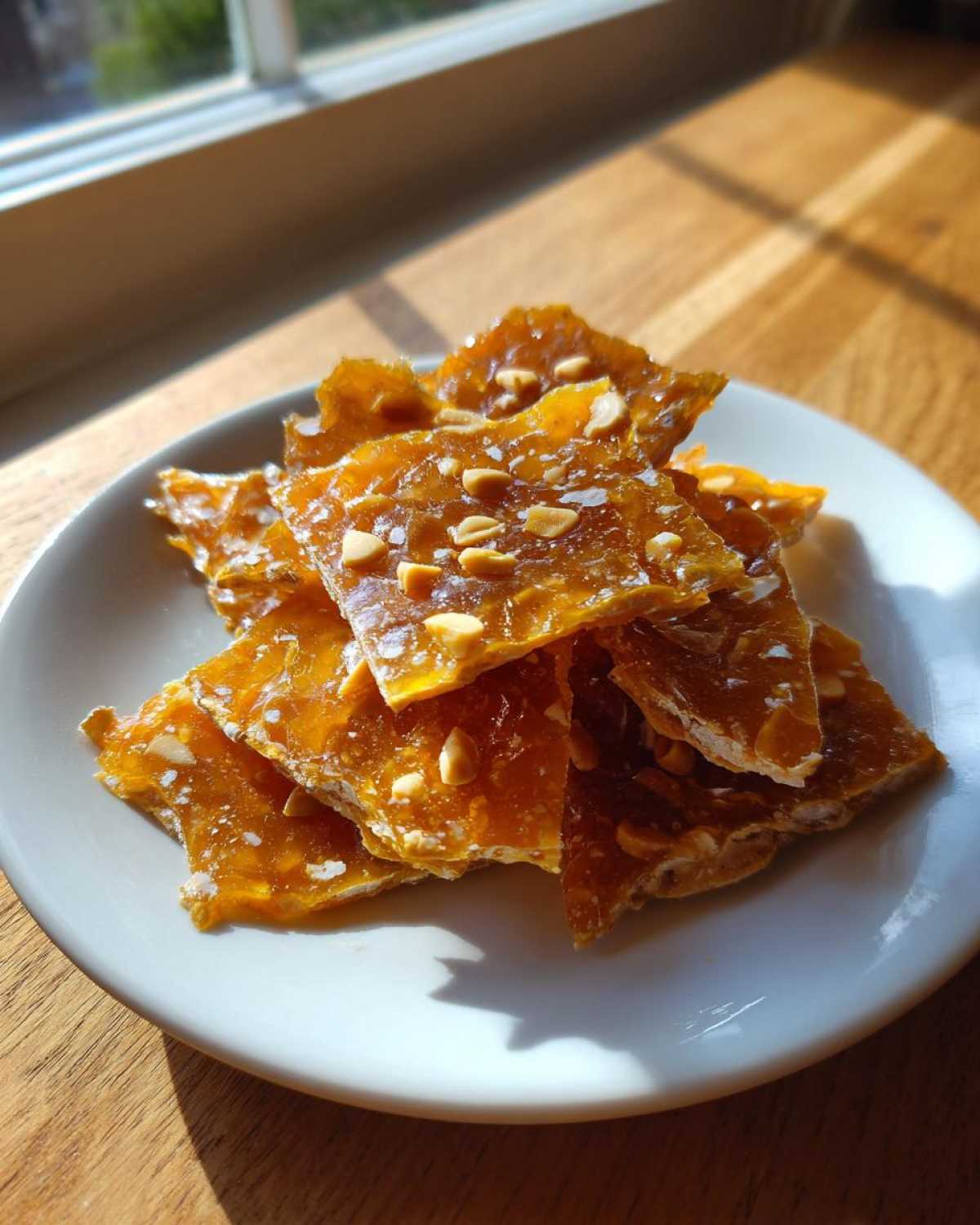 Golden, shattered pieces of homemade peanut brittle recipe piled on a white plate near a sunny window.