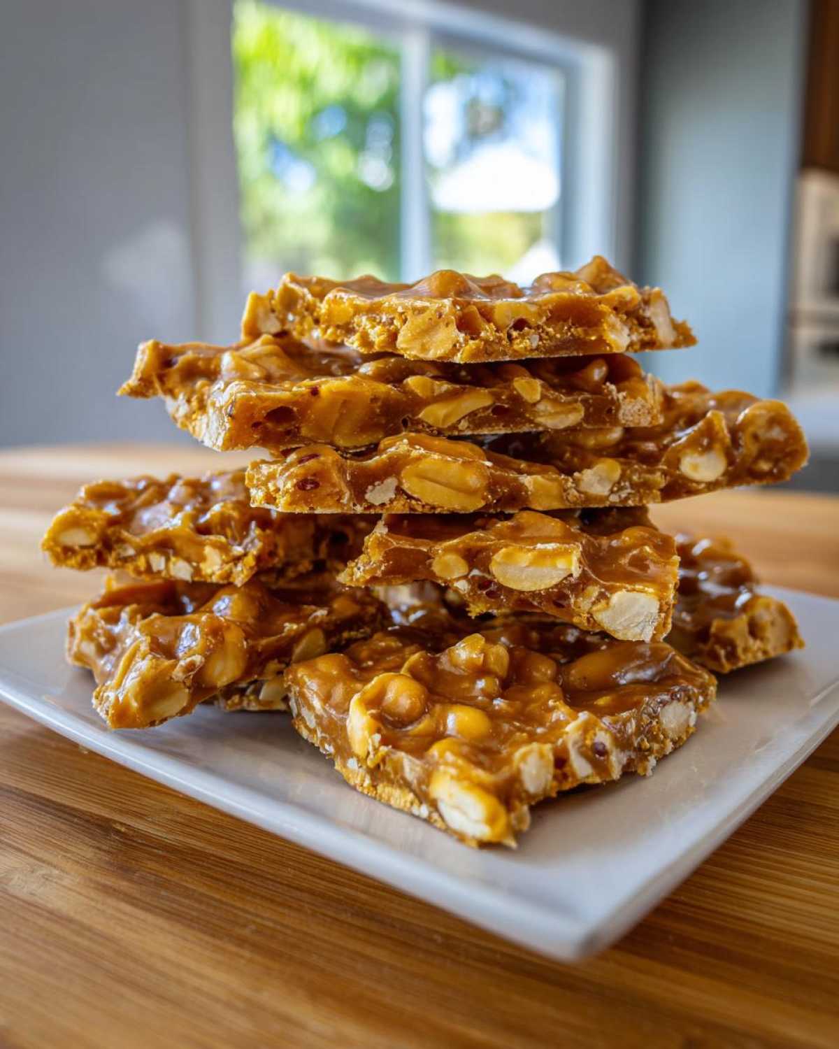 A stack of freshly broken pieces of golden brown peanut brittle recipe resting on a white plate.