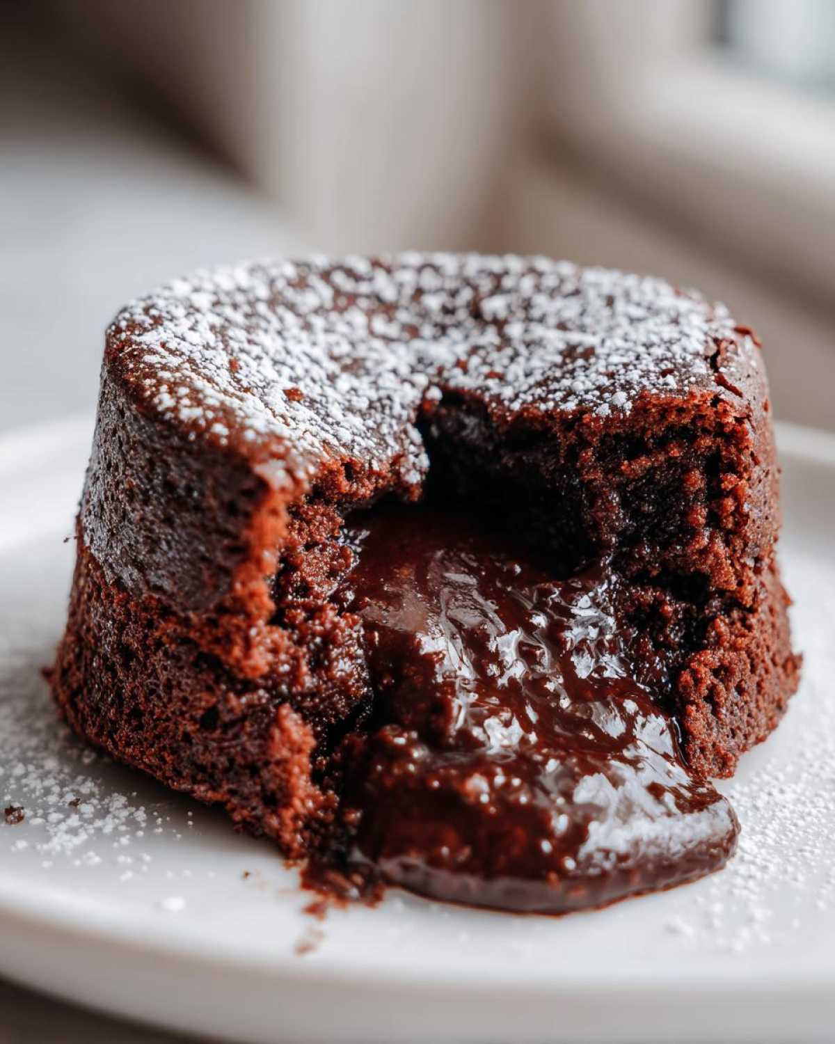 Close-up of a chocolate lava cake with a piece broken open, showing the rich, molten center flowing out.