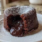 A rich chocolate lava cake dusted with powdered sugar, showing the gooey, molten center flowing out onto a white plate.