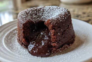 A rich chocolate lava cake dusted with powdered sugar, showing the gooey, molten center flowing out onto a white plate.