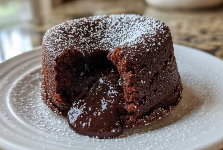 A rich chocolate lava cake dusted with powdered sugar, showing the gooey, molten center flowing out onto a white plate.
