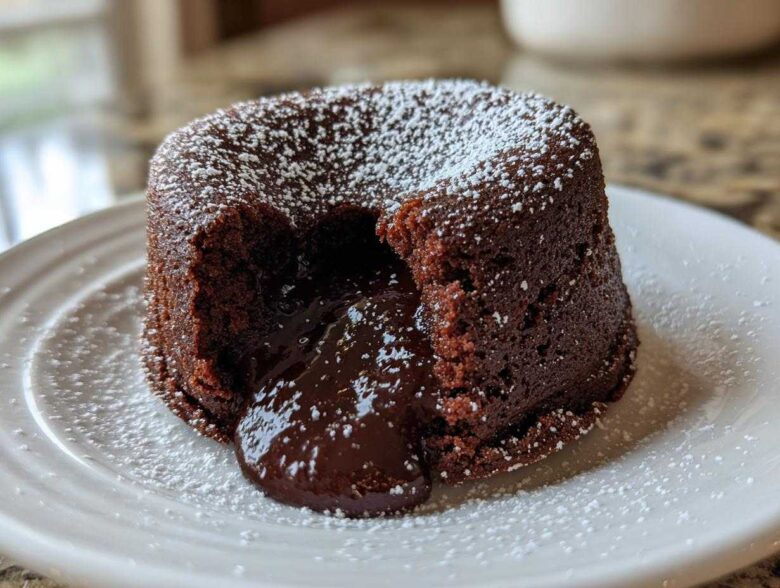 A rich chocolate lava cake dusted with powdered sugar, showing the gooey, molten center flowing out onto a white plate.