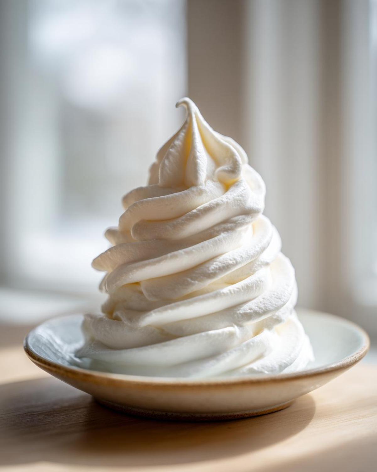 A tall, perfectly piped swirl of white cream cheese frosting sitting on a small dish.