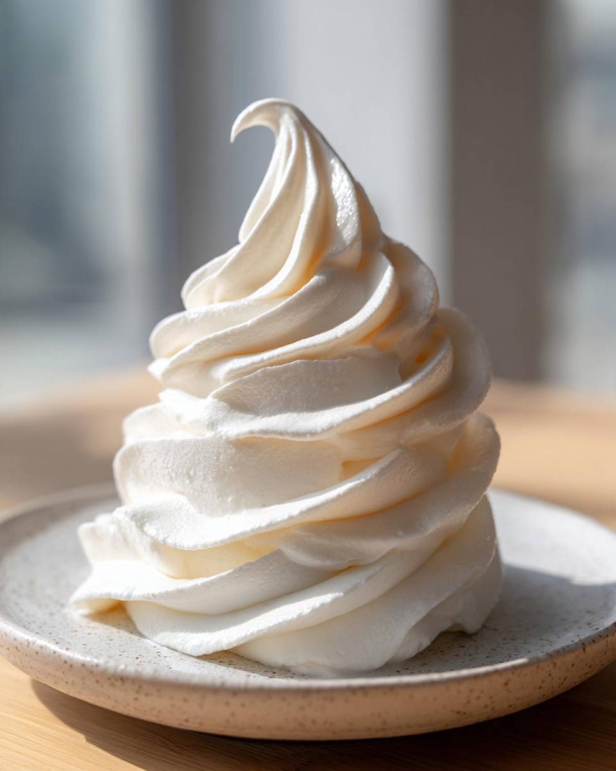 A tall, perfectly piped swirl of smooth, white cream cheese frosting sitting on a speckled plate.