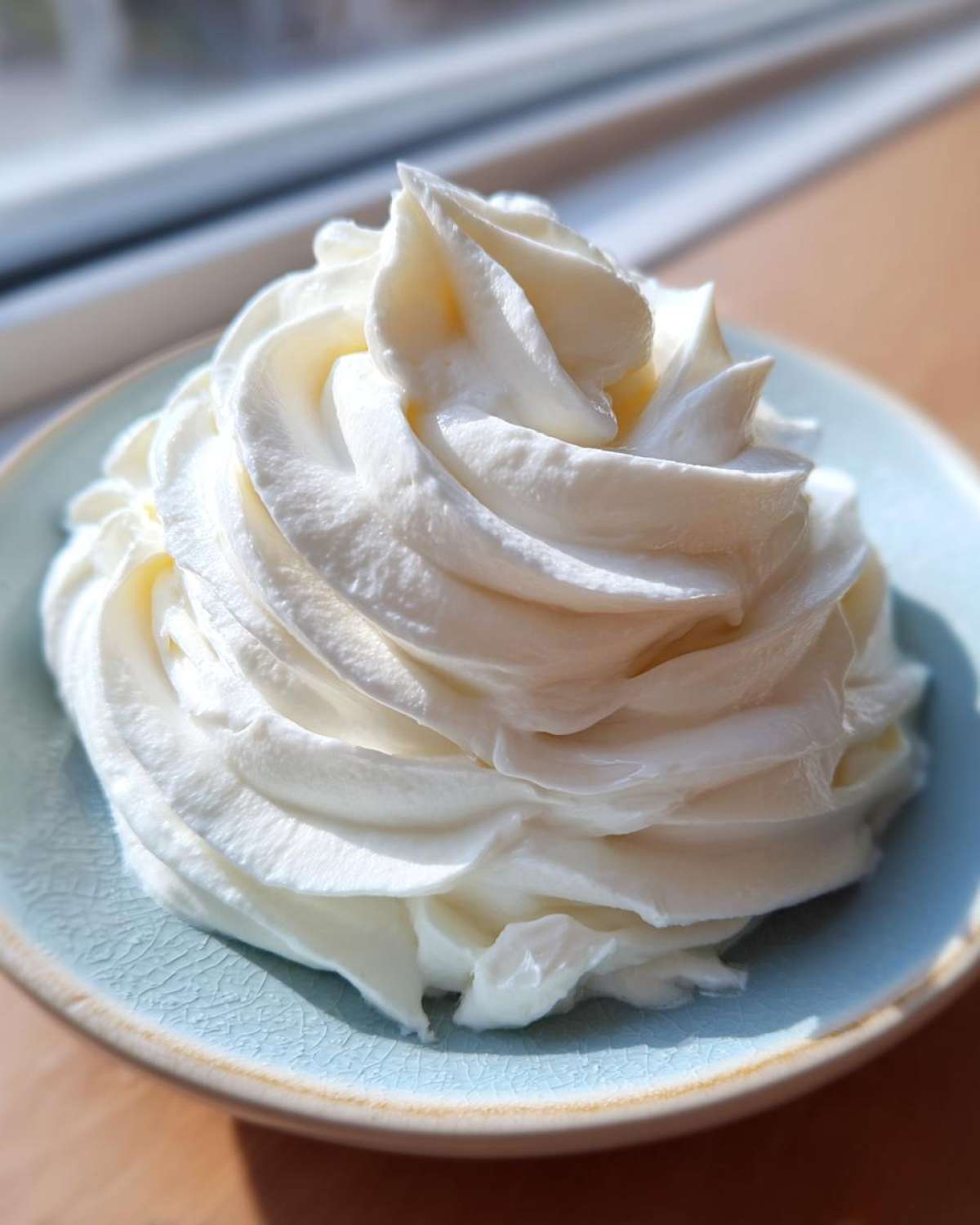 A tall, perfectly piped swirl of white cream cheese frosting sitting in a small, light blue bowl.