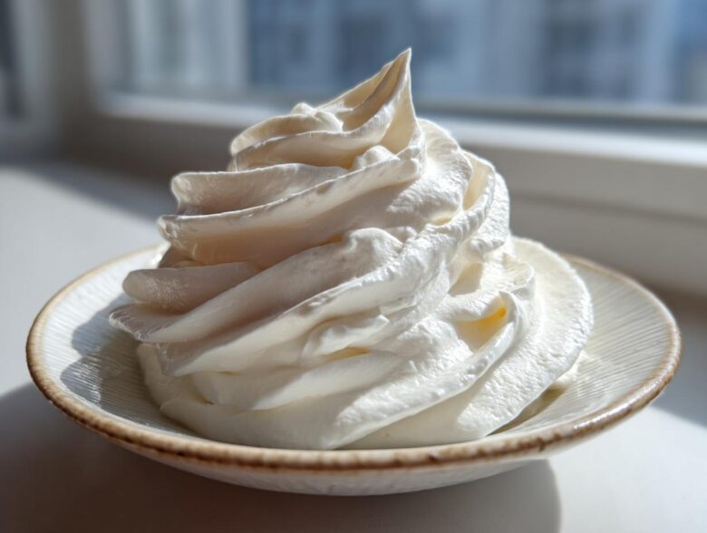 A beautiful, tall swirl of fluffy white cream cheese frosting piped onto a small, rustic saucer.