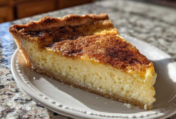 A thick slice of creamy baked egg custard pie with a golden, cinnamon-sugar dusted top.