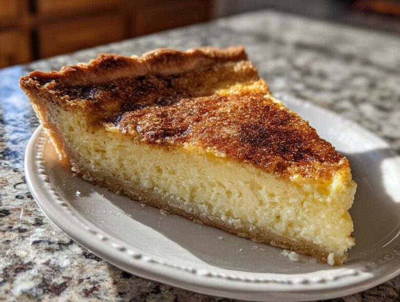 A thick slice of creamy baked egg custard pie with a golden, cinnamon-sugar dusted top.