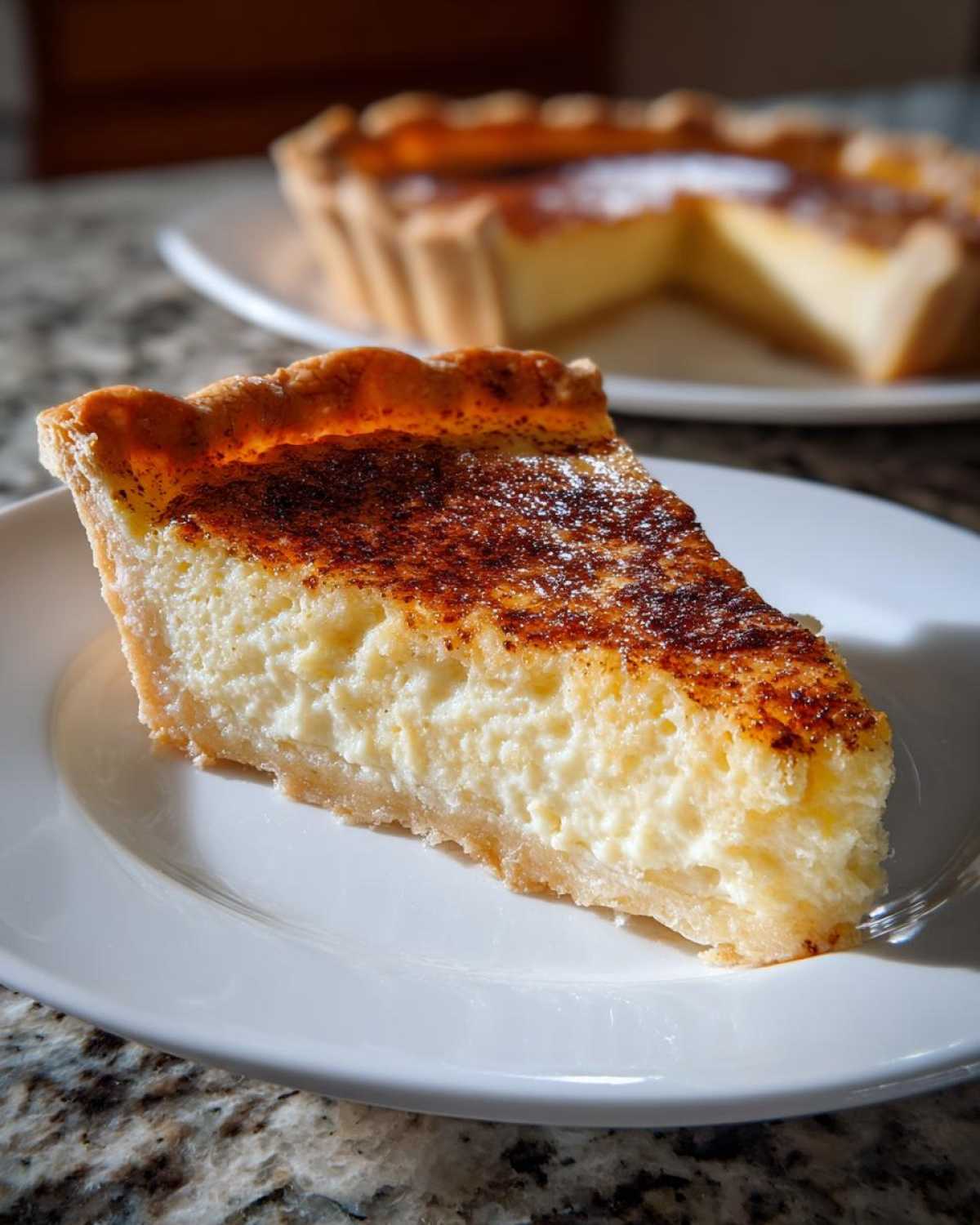 A close-up slice of creamy egg custard tart with a caramelized, spiced top, served on a white plate.