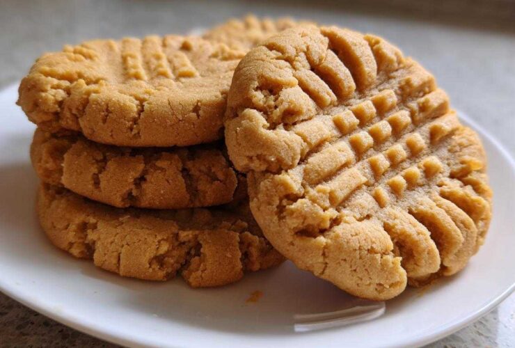 A close-up stack of four golden brown peanut butter cookies showing the classic crosshatch fork marks on top.