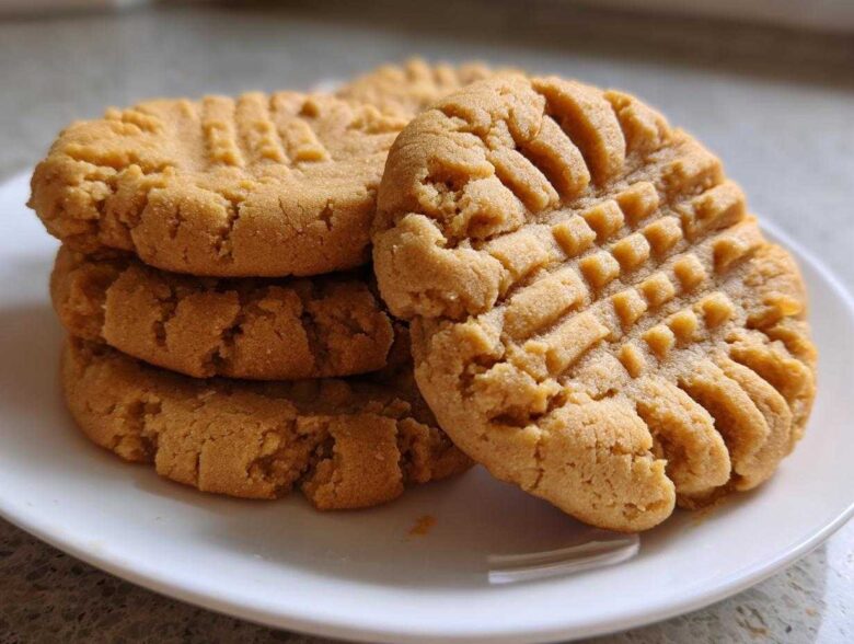 A close-up stack of four golden brown peanut butter cookies showing the classic crosshatch fork marks on top.