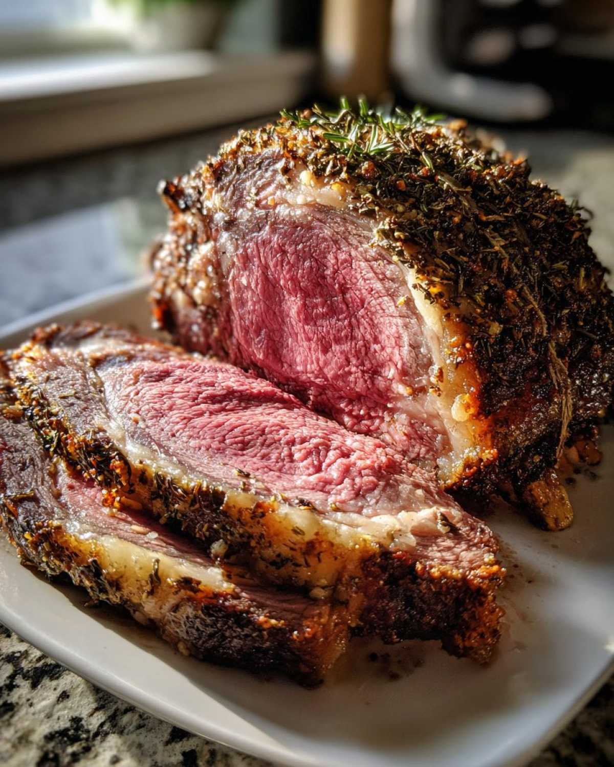 Close-up of a medium-rare rib roast, sliced to show the pink interior and dark herb crust.