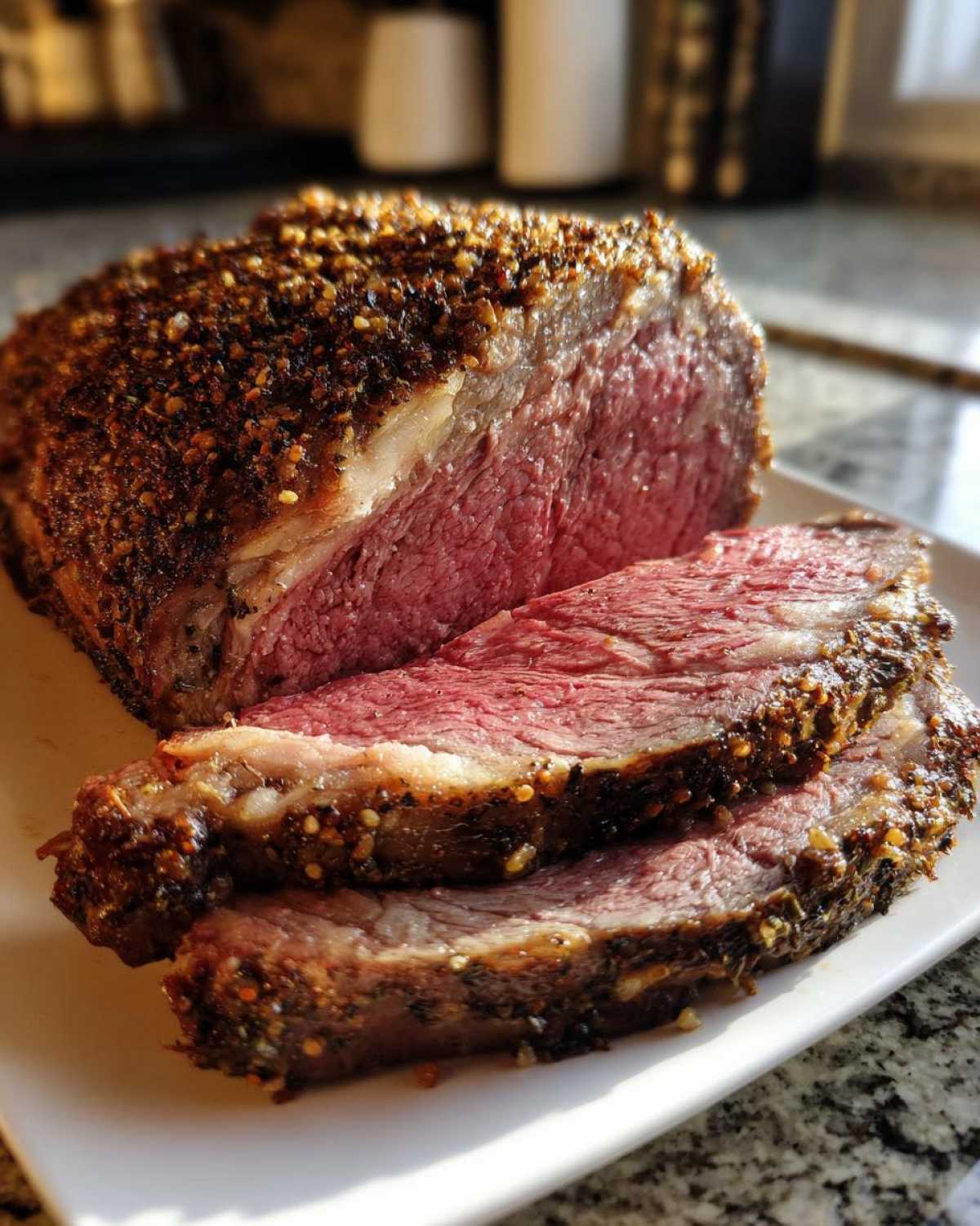 Close-up of a perfectly cooked rib roast, sliced to show medium-rare center and thick herb crust.