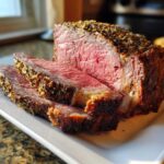 Close-up of a perfectly cooked, medium-rare rib roast, sliced to show the pink interior and herb crust.