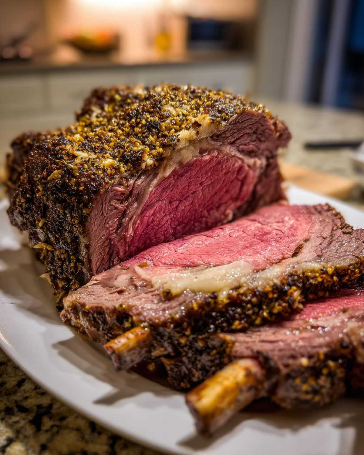 A thick, perfectly cooked medium-rare rib roast, crusted with herbs and spices, sliced on a white platter.
