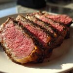 Slices of medium-rare rib roast with a dark herb crust, served on a white plate.