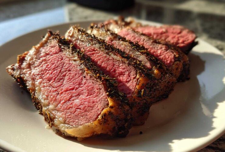 Slices of medium-rare rib roast with a dark herb crust, served on a white plate.