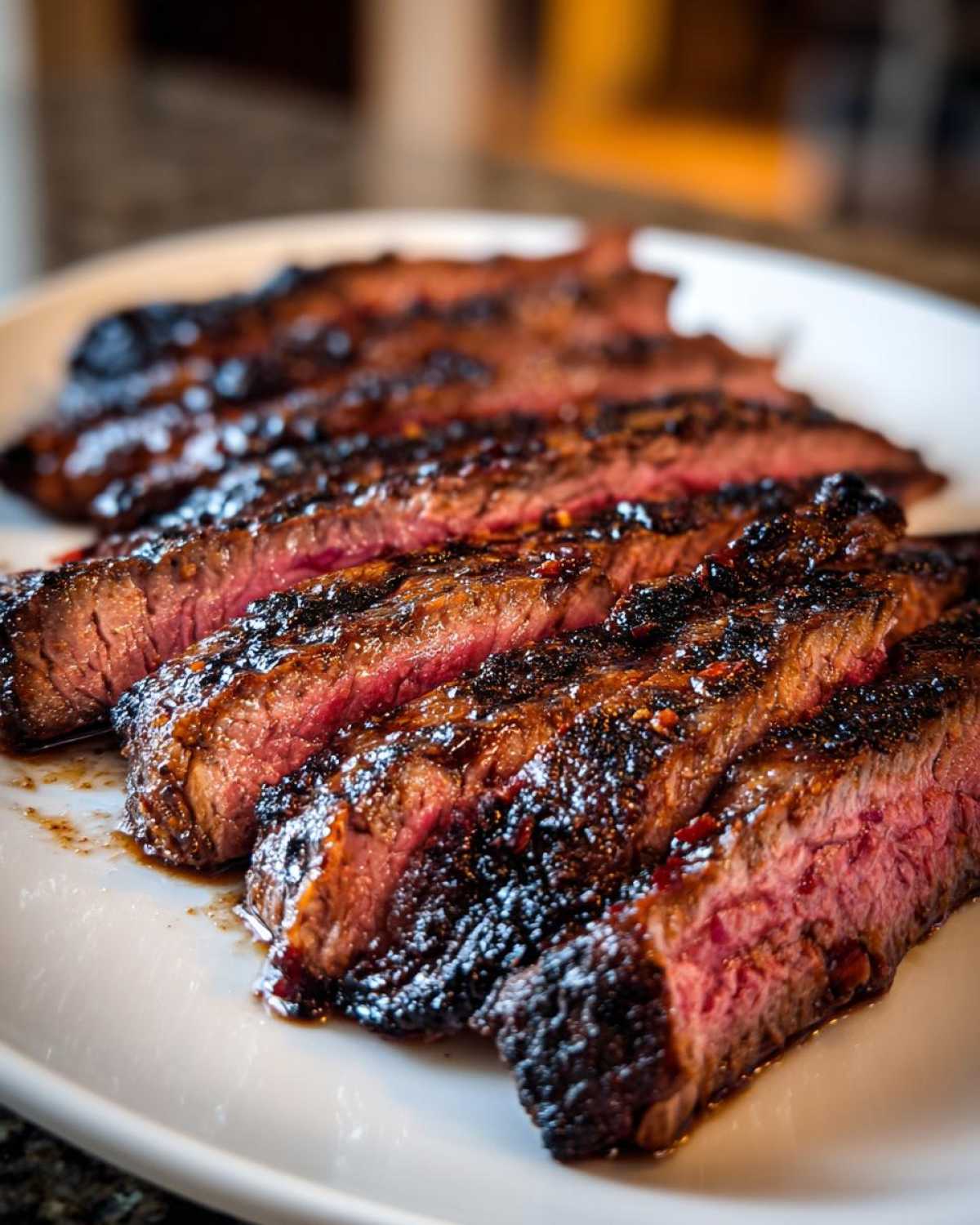 Close-up of medium-rare sliced steak showing a dark, caramelized crust, likely prepared with a carne asada marinade.
