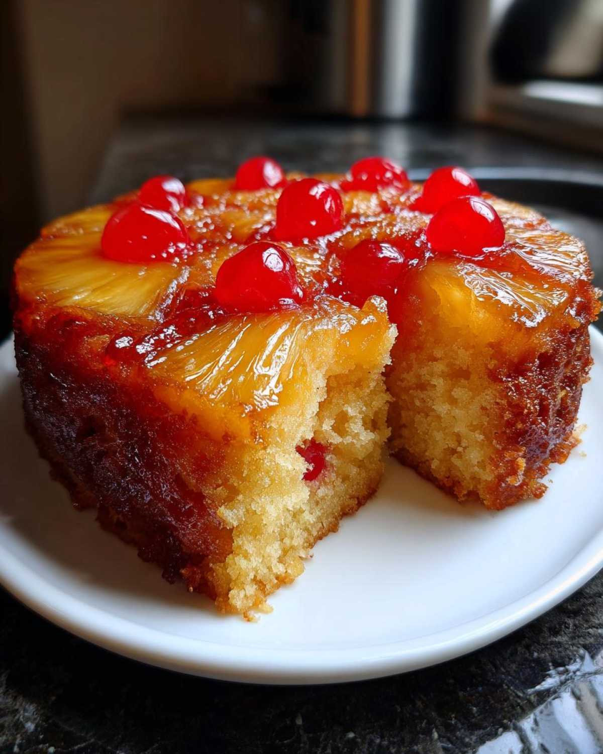 A slice removed from a round pineapple upside down cake topped with caramelized pineapple rings and bright red maraschino cherries.