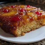 A close-up of a moist slice of pineapple upside down cake topped with caramelized pineapple rings and maraschino cherries.