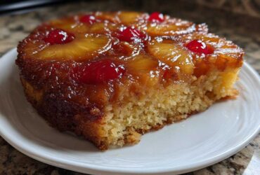 A close-up of a moist slice of pineapple upside down cake topped with caramelized pineapple rings and maraschino cherries.