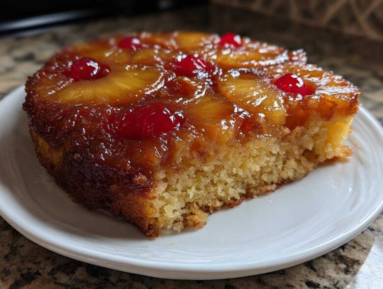 A close-up of a moist slice of pineapple upside down cake topped with caramelized pineapple rings and maraschino cherries.