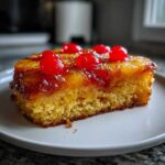 Close-up of a moist slice of pineapple upside down cake topped with caramelized pineapple and bright red maraschino cherries.