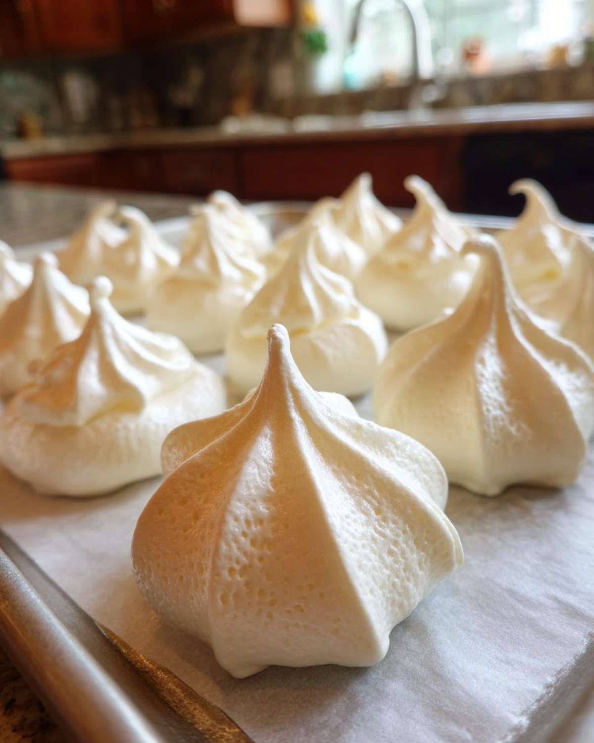 Close-up of freshly piped, white meringue cookies on a parchment-lined baking sheet.