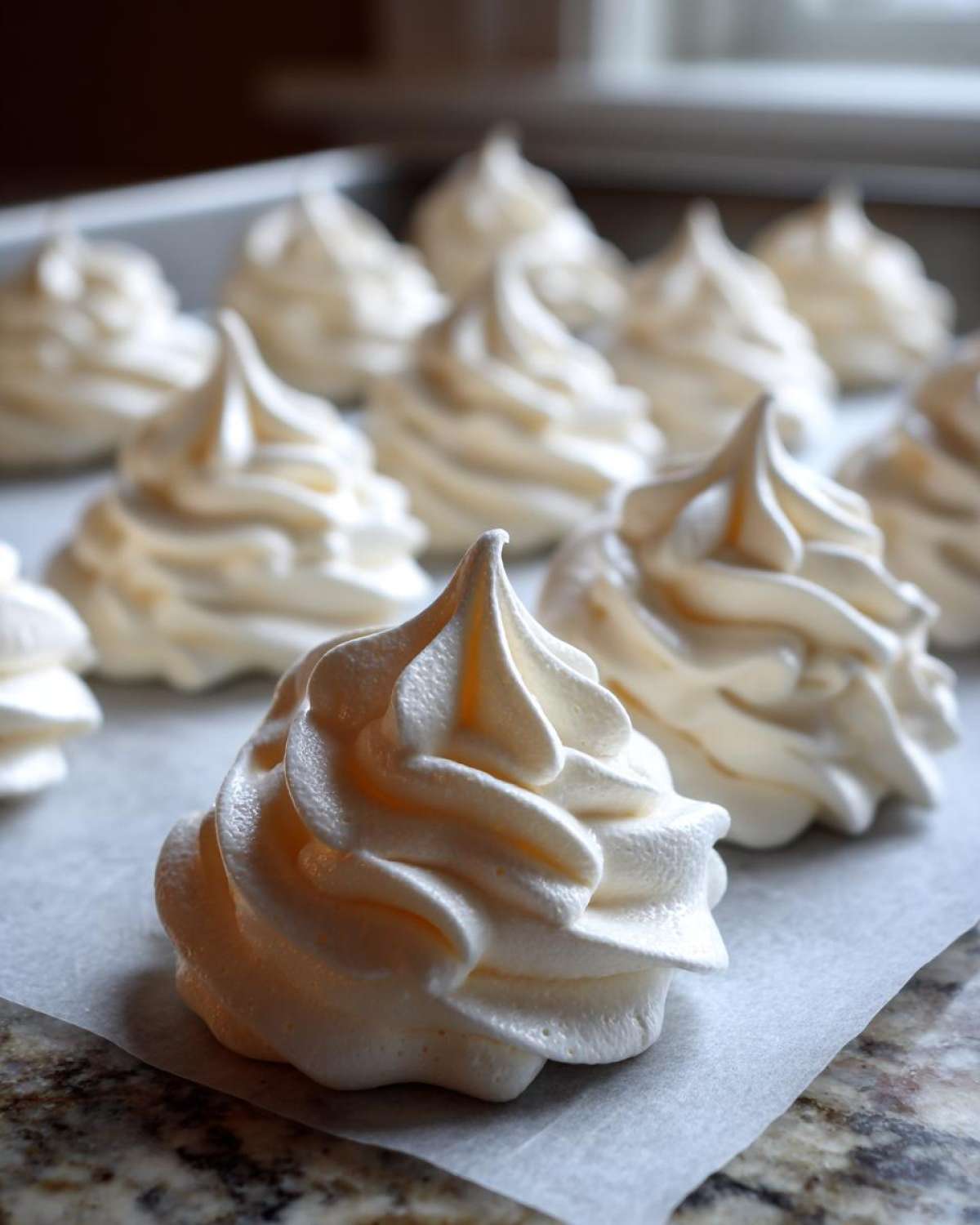 Close-up of perfectly piped, raw meringue cookies on parchment paper before baking.