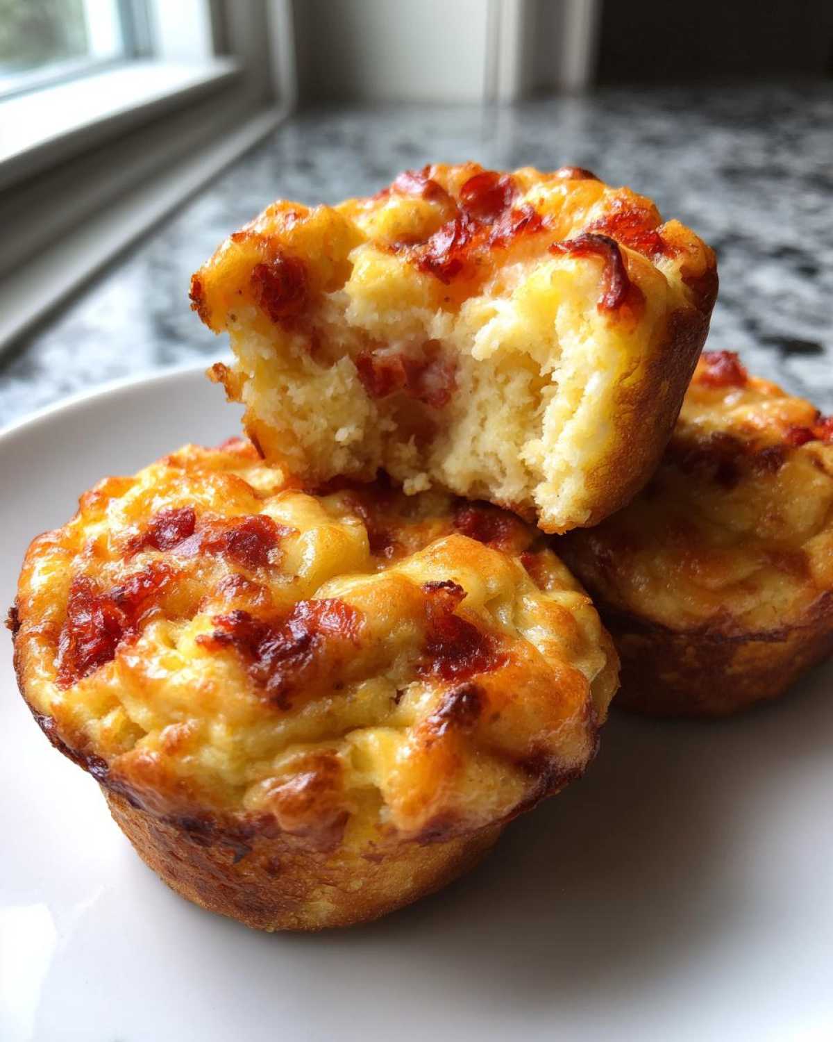 Three golden-brown pizza muffins stacked on a white plate, one on top has a bite taken out showing the soft interior.