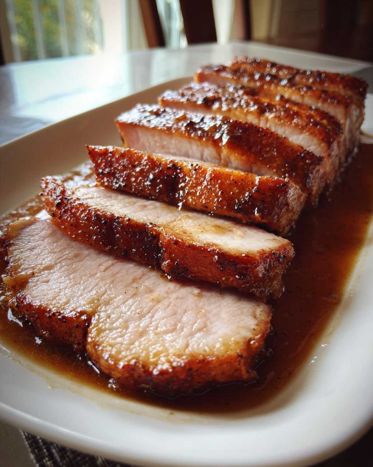 Several thick slices of juicy pork loin roast resting in a rich brown pan sauce on a white platter.