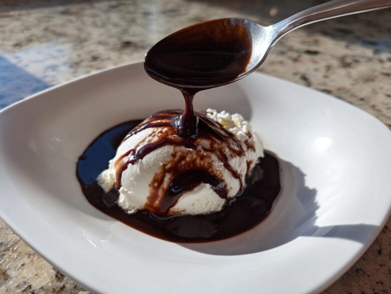 A spoonful of rich chocolate syrup is drizzled over a scoop of vanilla ice cream in a white bowl.
