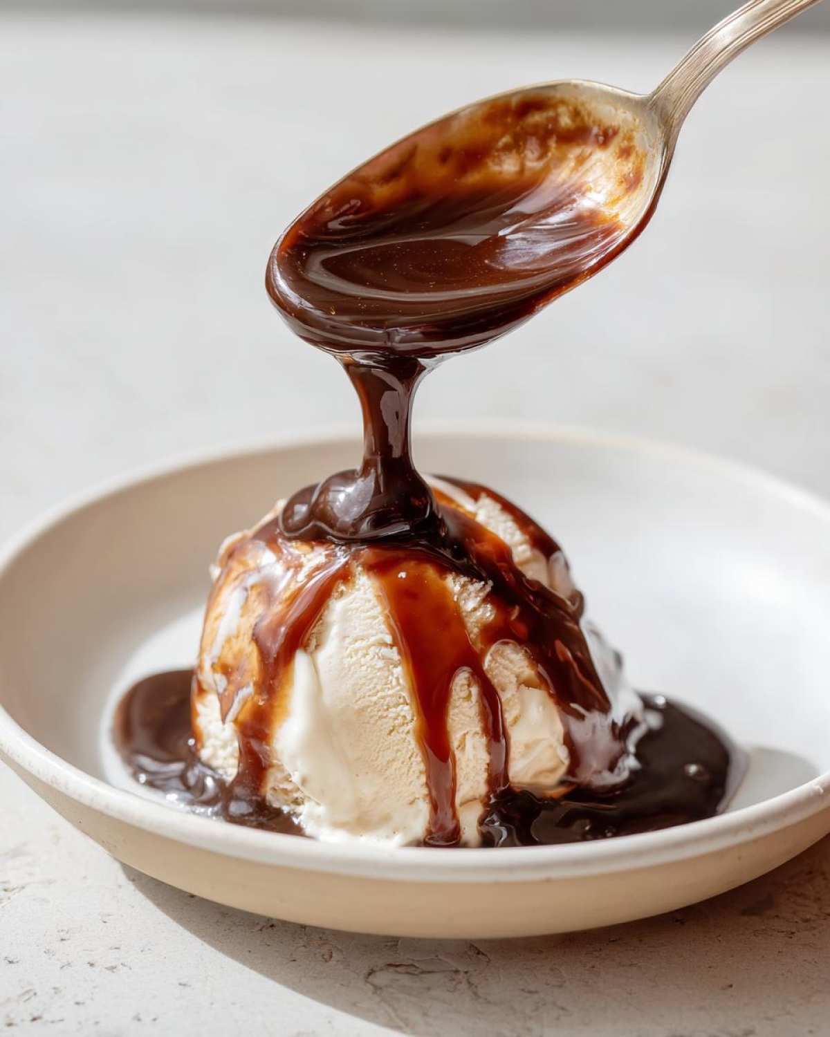 A spoonful of rich chocolate syrup is being poured over a scoop of vanilla ice cream.