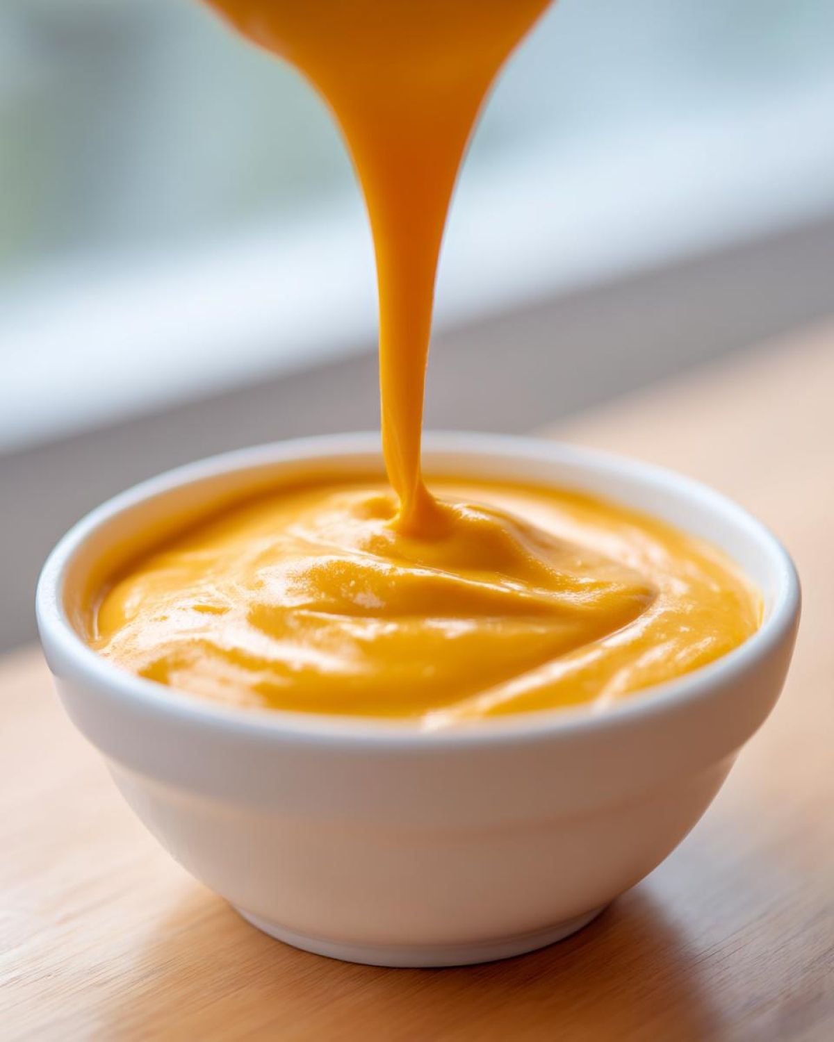 Close-up of thick, bright orange nacho cheese sauce being poured into a small white bowl.