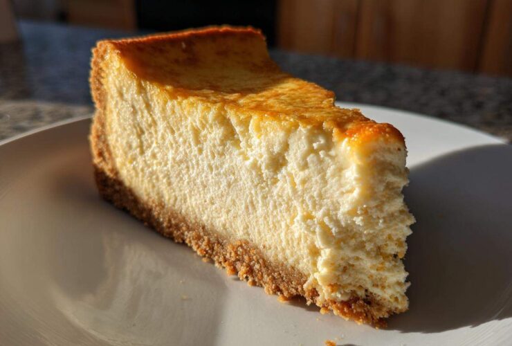 A close-up shot of a thick slice of baked Protein Cheesecake on a white plate, featuring a golden-brown top and graham cracker crust.